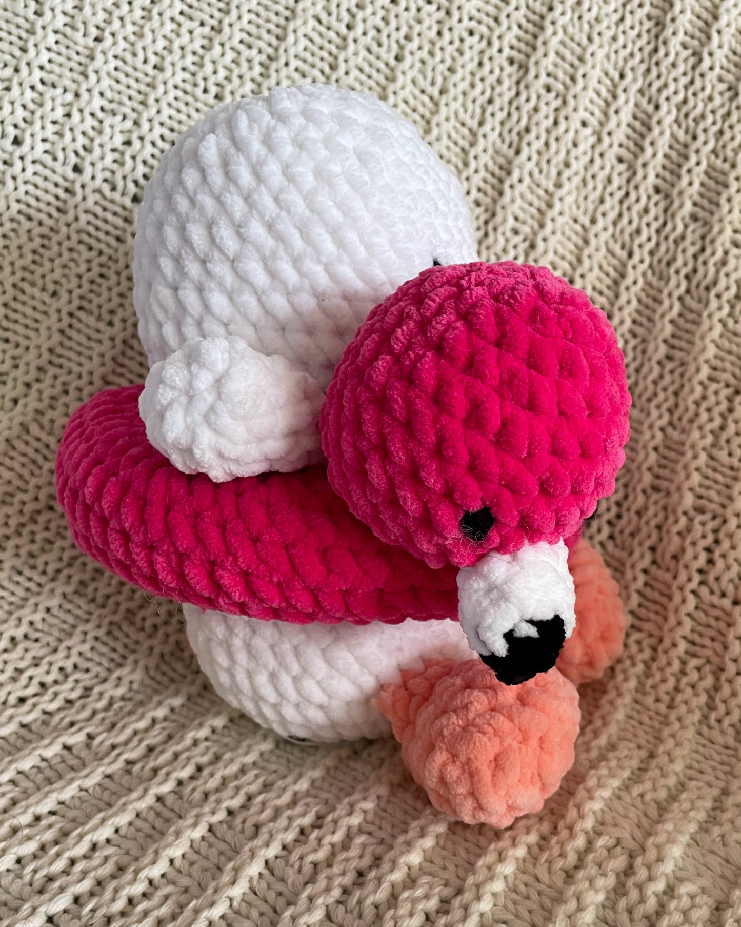 White Duck with Flamingo Float - Handmade Crochet Stuffed Animal Plush
