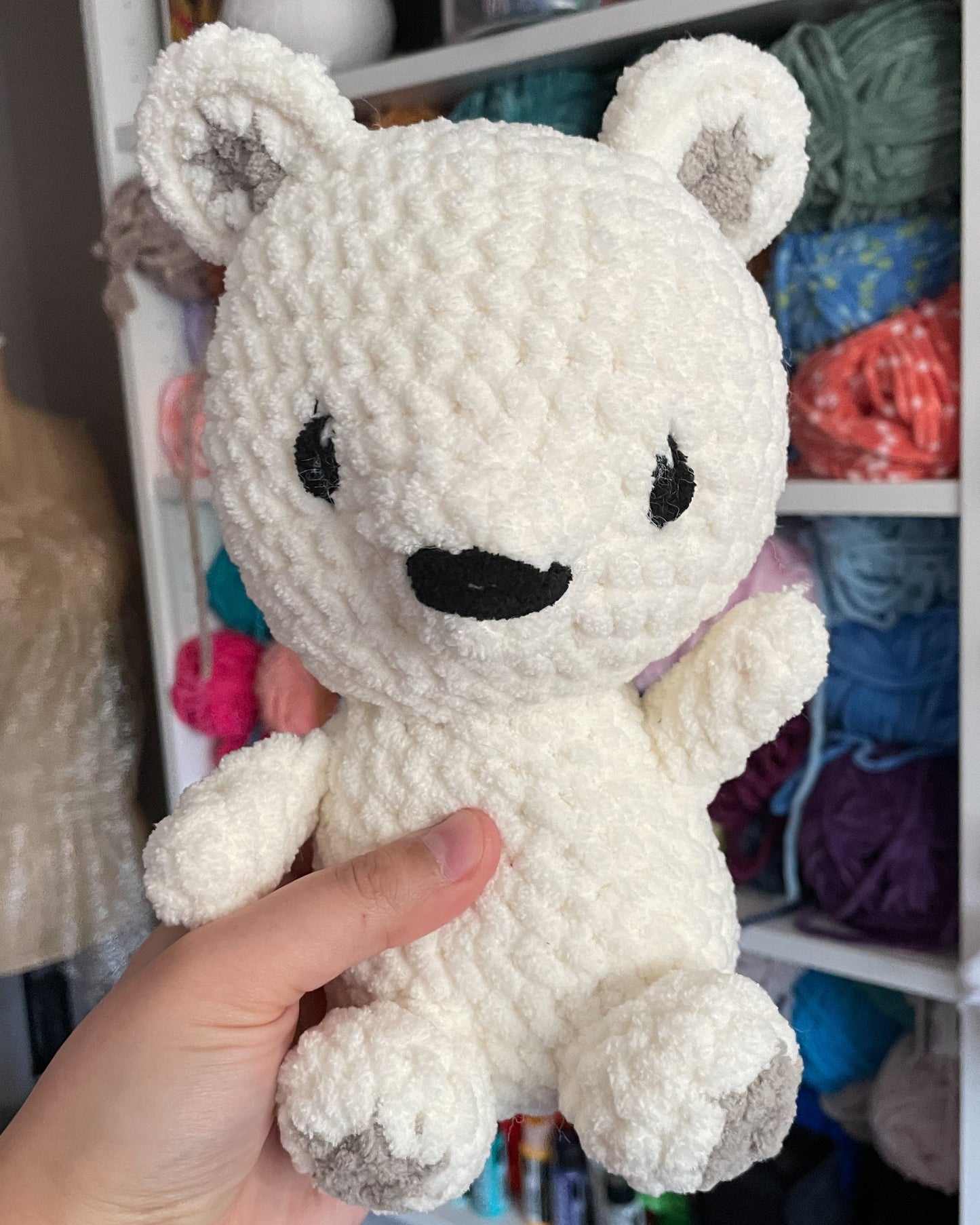 Polar Bear in Green Trapper Hat - Handmade Crochet Stuffed Animal Plush