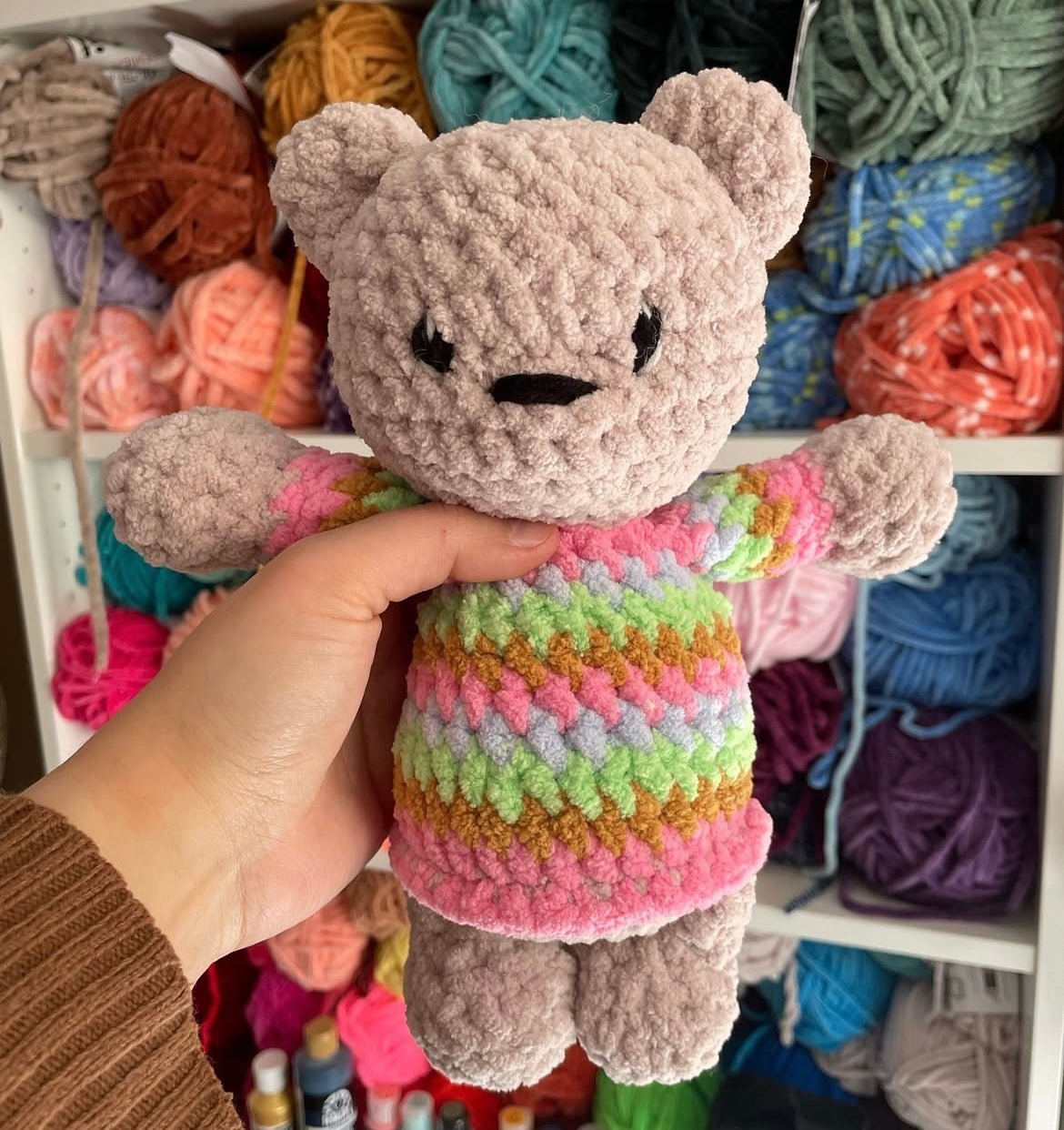 Pastel Rainbow Sweater Bear - Handmade Crochet Stuffed Animal Plush