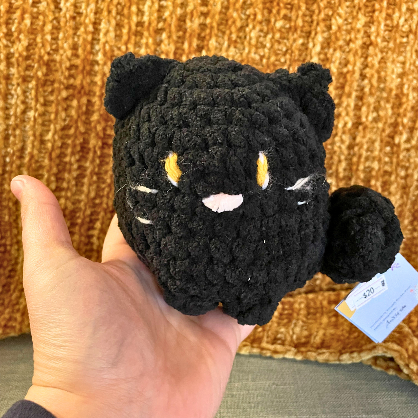 Floof Black Cat with Yellow Eyes - Handmade Crochet Stuffed Animal Plush