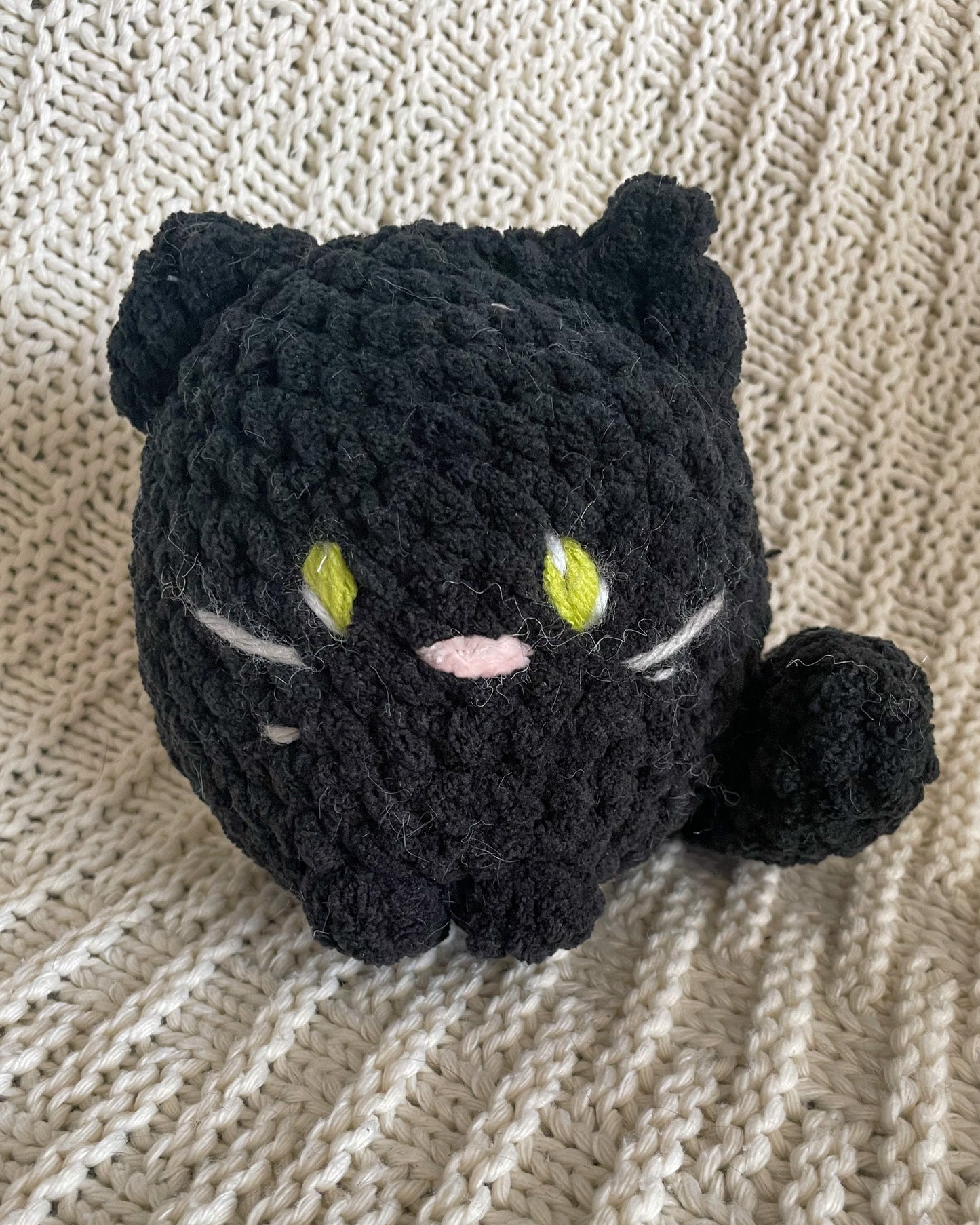 Floof Black Cat with Green Eyes - Handmade Crochet Stuffed Animal Plush