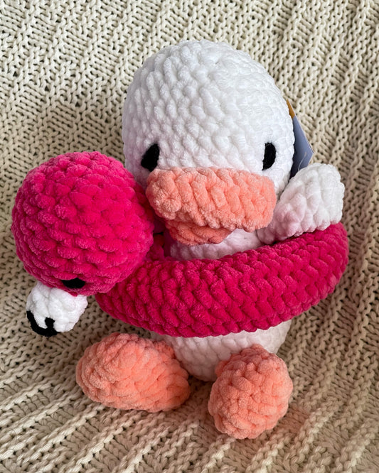 White Duck with Flamingo Float - Handmade Crochet Stuffed Animal Plush