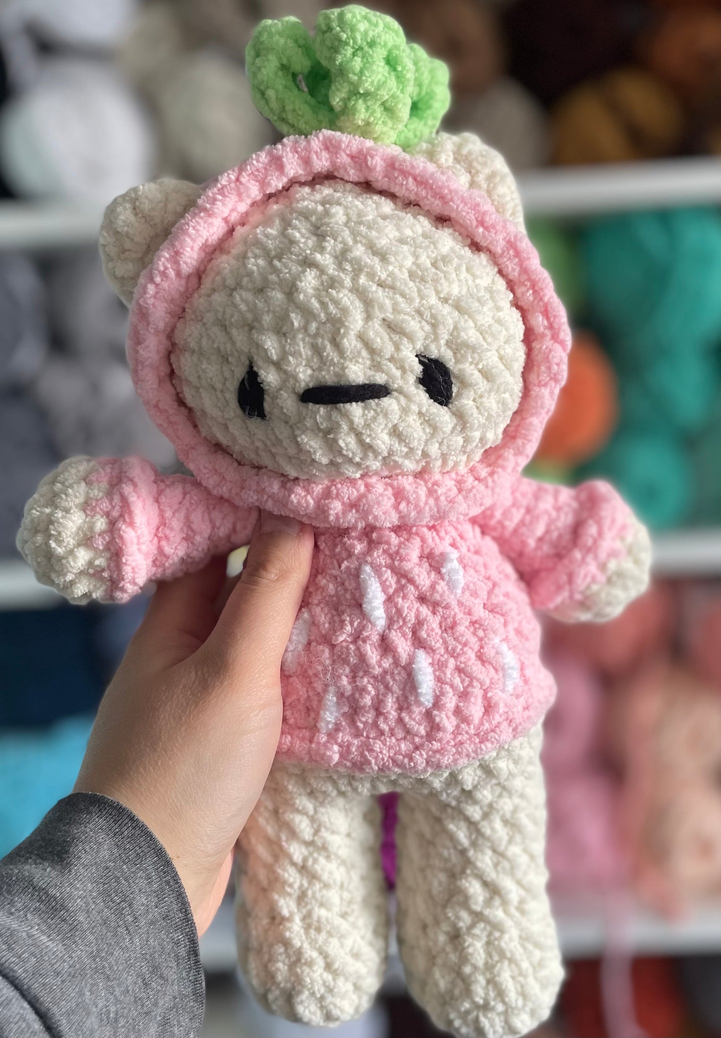 MADE TO ORDER - Custom Strawberry Bear wearing a hoodie, Valentine’s Day gift, handmade stuffed animal plush amigurumi