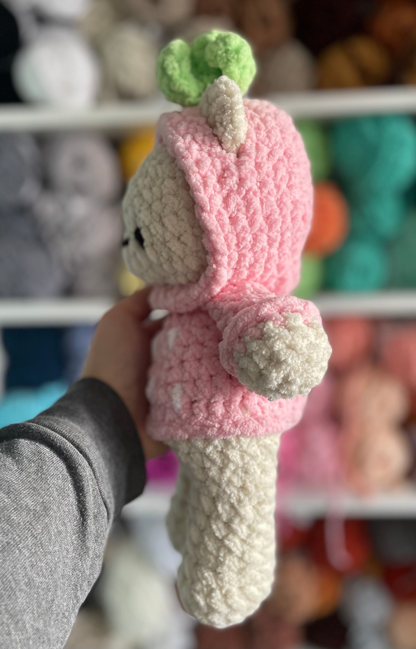 MADE TO ORDER - Custom Strawberry Bear wearing a hoodie, Valentine’s Day gift, handmade stuffed animal plush amigurumi