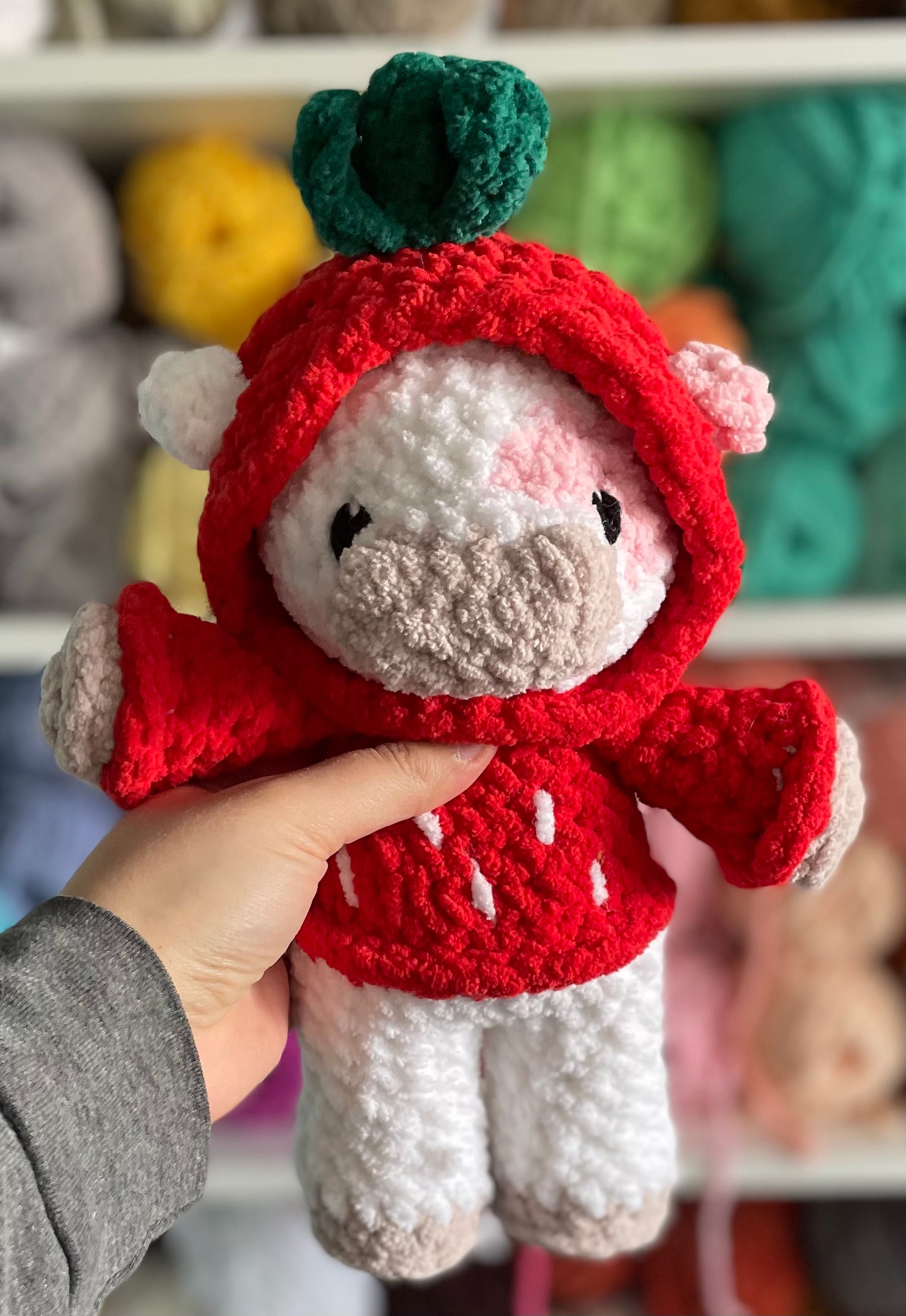 MADE TO ORDER - Custom Strawberry Cow wearing a hoodie, Valentine’s Day gift, handmade stuffed animal plush amigurumi