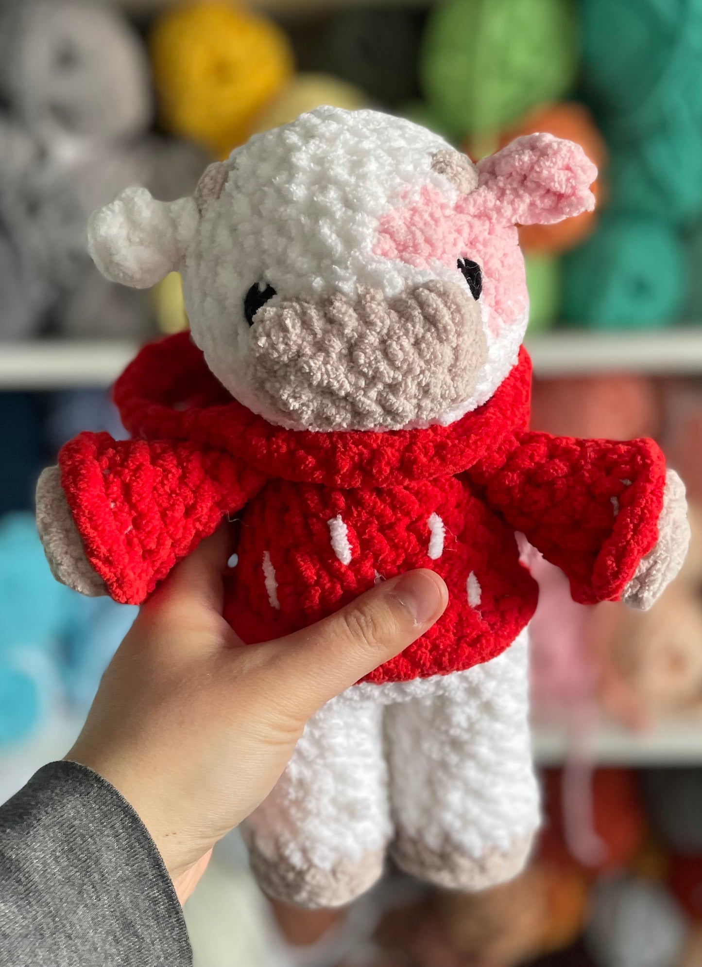 MADE TO ORDER - Custom Strawberry Cow wearing a hoodie, Valentine’s Day gift, handmade stuffed animal plush amigurumi