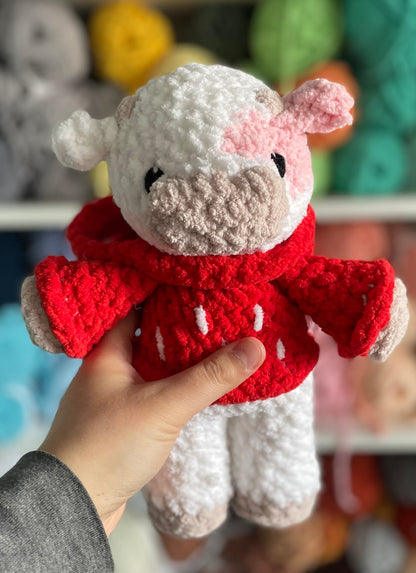 MADE TO ORDER - Custom Strawberry Cow wearing a hoodie, Valentine’s Day gift, handmade stuffed animal plush amigurumi