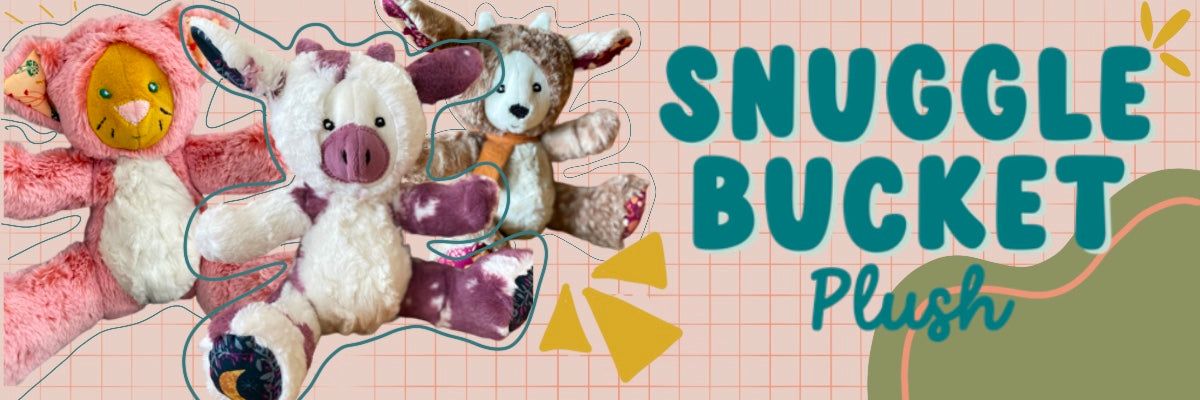 A stuffed cat, stuffed cow, and stuffed dear are seated next to text that reads Snuggle Bucket Plush